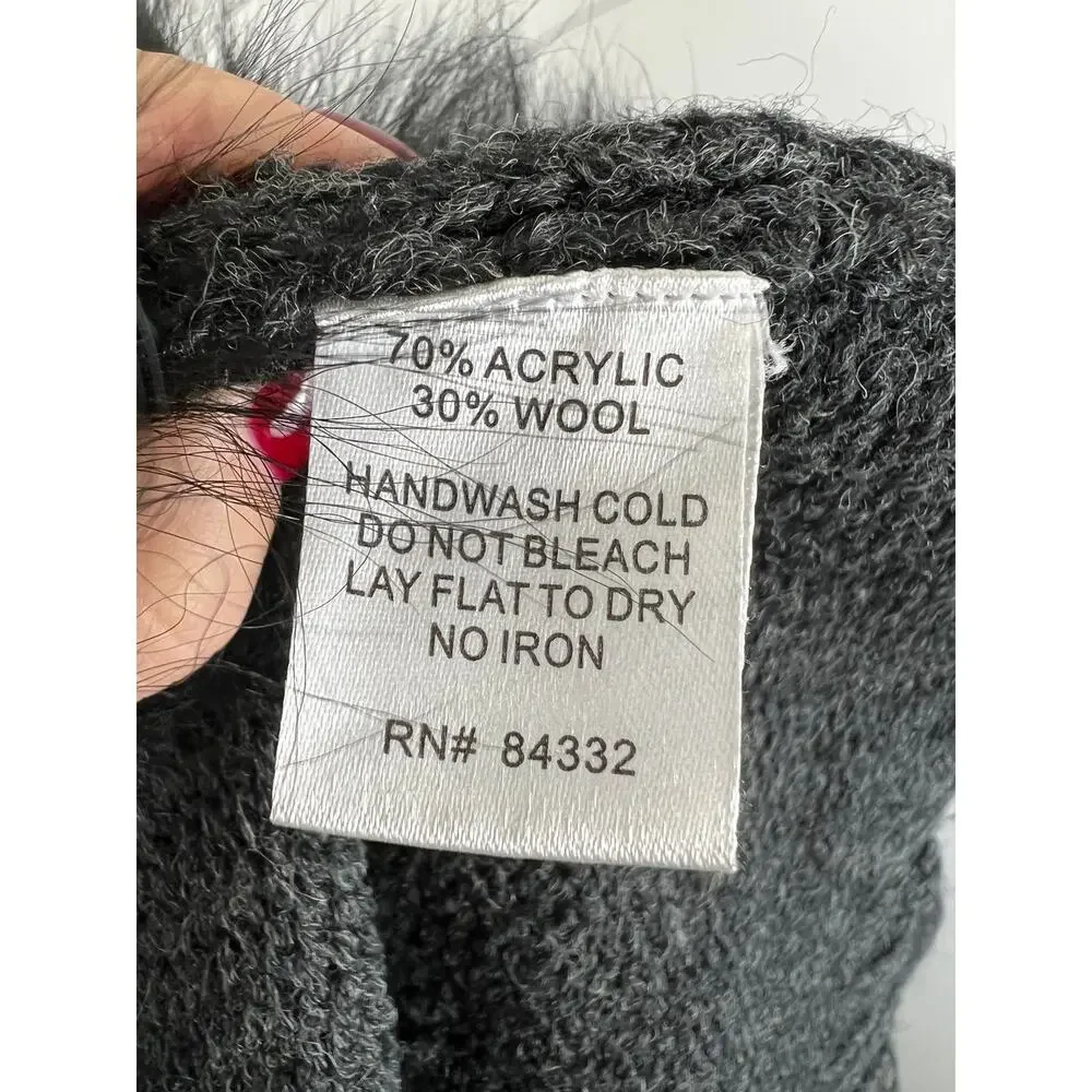 Sisters Dark Gray Wool Blend Fur Trim Short Sleeve Cardigan Sweater S Small